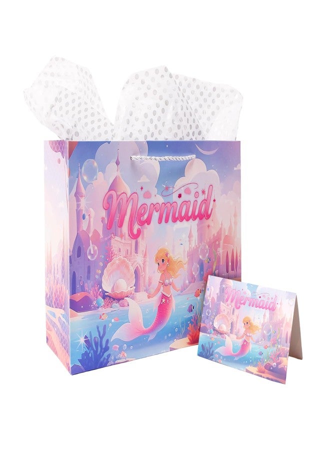 ZREVSB Large Mermaid Happy Birthday Gift Bag with Handle, Include Tissue Paper and Greeting Card, Mermaid Theme Party Gift Bag for Kids Girls Birthday - Image 1